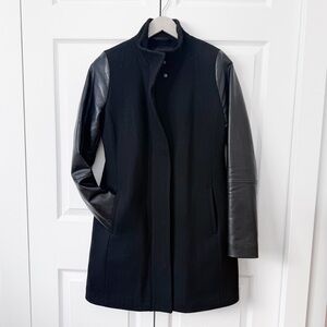 Alfred Sung S Black Wool Blend Coat Faux Leather Sleeves Tailored Classic